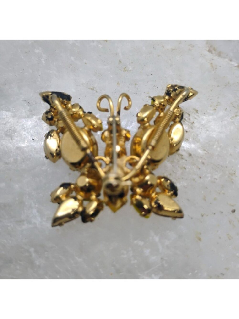 Vtg Unsigned Schreiner Butterfly Trembler Brooch Yellow Orange Rhinestone - Picture 4 of 6